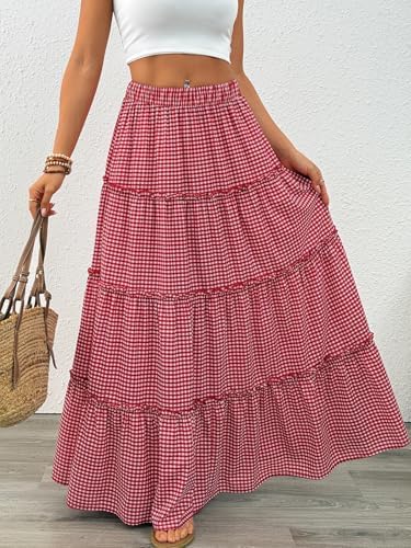 Trendy Queen Long Skirts for Women Boho Maxi Skirt Summer Swing Tiered A-Line Elastic High Waist Dress with Pockets Fashion