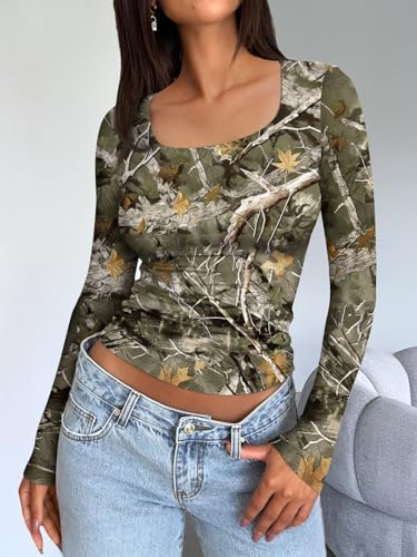 Trendy Queen Womens Long Sleeve Shirts Crop Tops Fall Fashion 2025 Square Neck Going Out Basics Tees Y2k Clothes