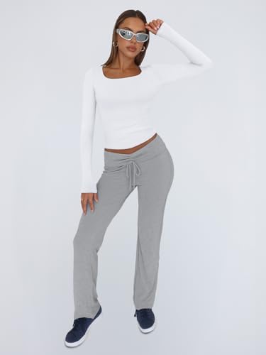 Trendy Queen Womens Long Sleeve Shirts Crop Tops Fall Fashion 2025 Square Neck Going Out Basics Tees Y2k Clothes