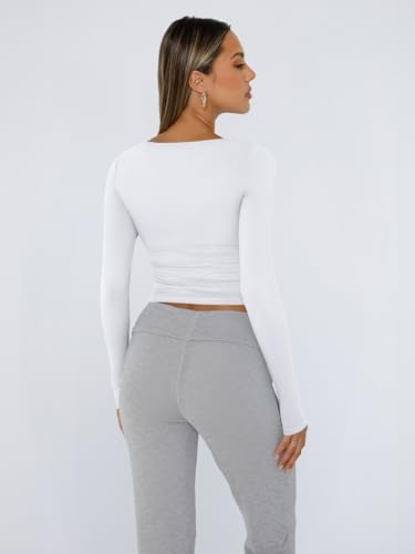 Trendy Queen Womens Long Sleeve Shirts Crop Tops Fall Fashion 2025 Square Neck Going Out Basics Tees Y2k Clothes