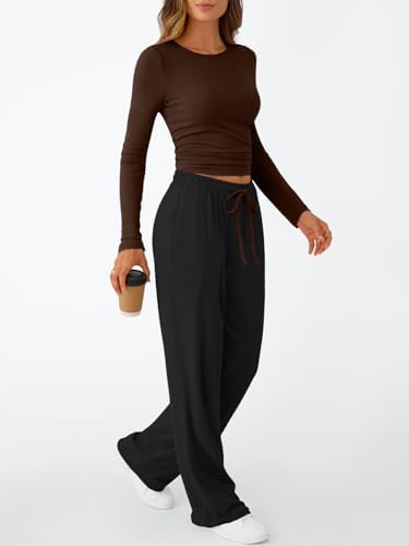 Trendy Queen Women's 2 Piece Matching Lounge Set Long Sleeve Slightly Crop Top Wide Leg Pants Casual Sweatsuit