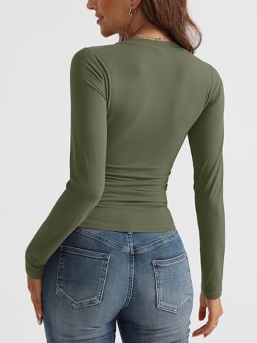 Trendy Queen Long Sleeve Shirts for Women 2025 Fall Fashion V Neck Basics Crop Tops Slim Fitted Y2K Tops Outfits Clothes