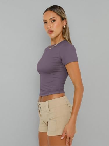 Trendy Queen Womens Short Sleeve T Shirts Summer Crop Tops Basic Slim Fit Gym Workout Y2k Clothes