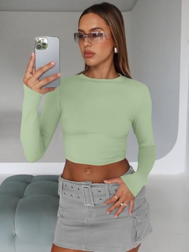 Trendy Queen Womens Long Sleeve Crop Tops Basic Slim Fitted Shirts Fashion 2025 Going Out Y2k Tops Teen Girl Clothes