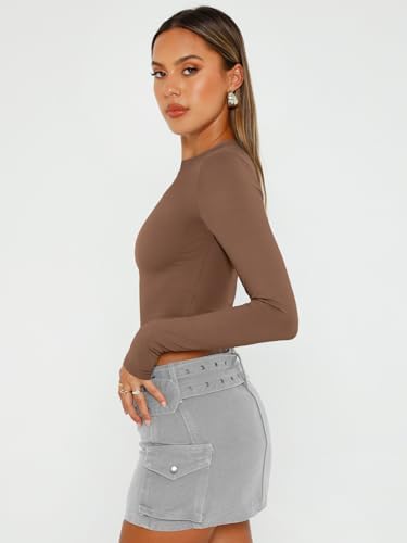 Trendy Queen Womens Long Sleeve Crop Tops Basic Slim Fitted Shirts Fashion 2025 Going Out Y2k Tops Teen Girl Clothes