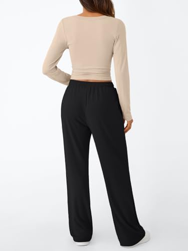 Trendy Queen Women's 2 Piece Matching Lounge Set Long Sleeve Slightly Crop Top Wide Leg Pants Casual Sweatsuit