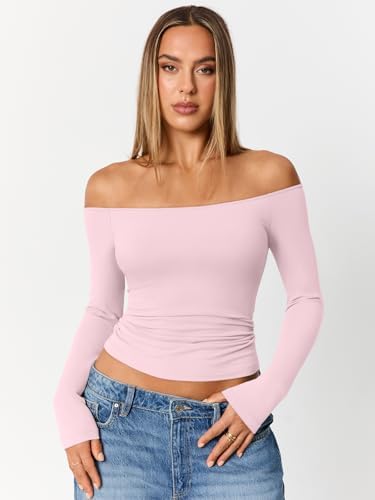Trendy Queen Womens Long Sleeve Off The Shoulder Tops Going Out Cute Basic Y2K Fall Fashion 2025 Outfits Clothes
