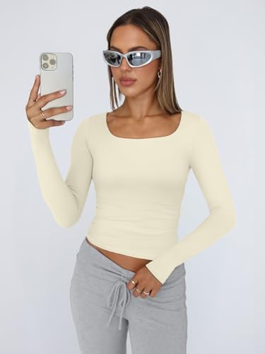 Trendy Queen Womens Long Sleeve Shirts Crop Tops Fall Fashion 2025 Square Neck Going Out Basics Tees Y2k Clothes