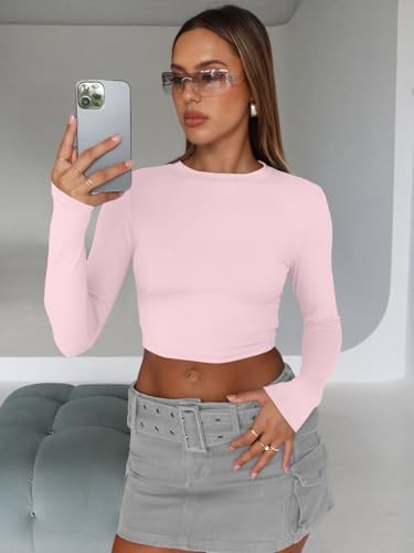 Trendy Queen Womens Long Sleeve Crop Tops Basic Slim Fitted Shirts Fashion 2025 Going Out Y2k Tops Teen Girl Clothes