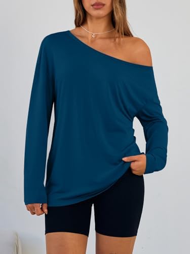 Trendy Queen Womens Off The Shoulder Tops Oversized Tshirts Long Sleeve 2025 Casual Basic Tees