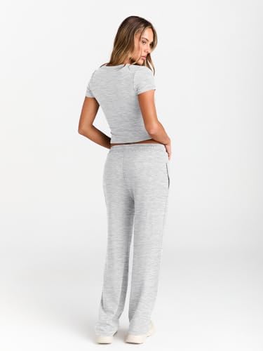 Trendy Queen 2 Piece Matching Summer Sweatsuit Lounge Set Womens Wide Leg Pants Side Ruching Crop Top Sets