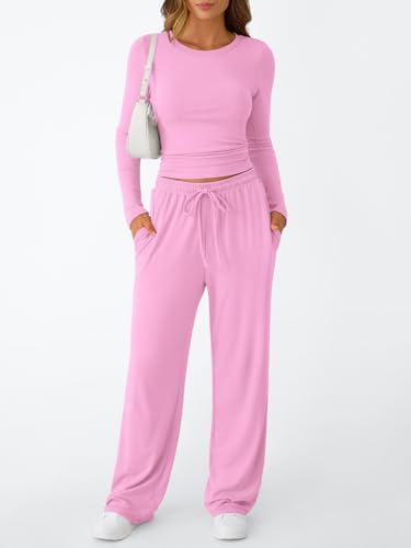 Trendy Queen Women's 2 Piece Matching Lounge Set Long Sleeve Slightly Crop Top Wide Leg Pants Casual Sweatsuit