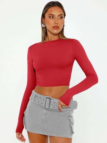 Trendy Queen Womens Long Sleeve Crop Tops Basic Slim Fitted Shirts Fashion 2025 Going Out Y2k Tops Teen Girl Clothes