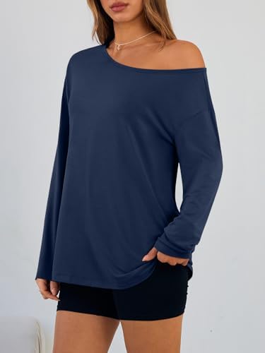 Trendy Queen Womens Off The Shoulder Tops Oversized Tshirts Long Sleeve 2025 Casual Basic Tees
