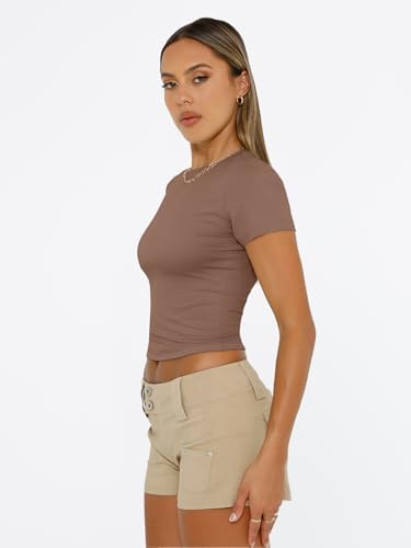 Trendy Queen Womens Short Sleeve T Shirts Summer Crop Tops Basic Slim Fit Gym Workout Y2k Clothes