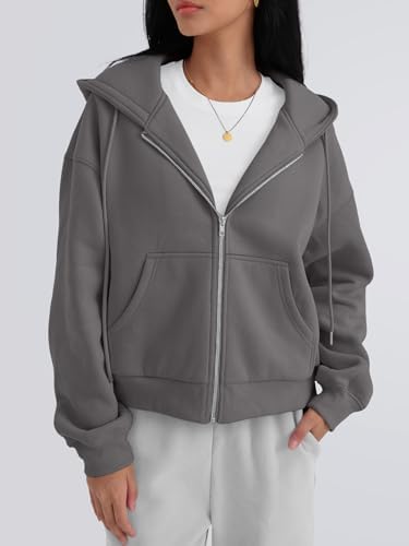 Trendy Queen Zip Up Hoodies For Women Cropped Sweatshirts Fall Fashion Outfits 2025 Y2k Fleece Teen Girls Clothes