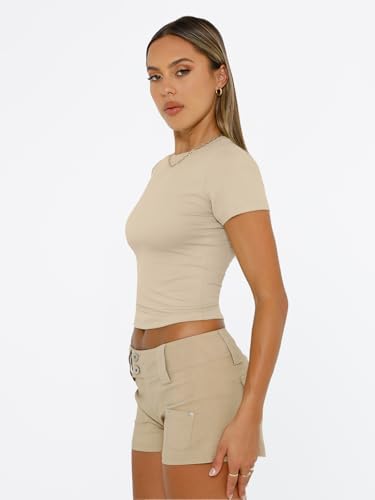 Trendy Queen Womens Short Sleeve T Shirts Summer Crop Tops Basic Slim Fit Gym Workout Y2k Clothes