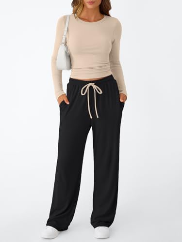 Trendy Queen Women's 2 Piece Matching Lounge Set Long Sleeve Slightly Crop Top Wide Leg Pants Casual Sweatsuit