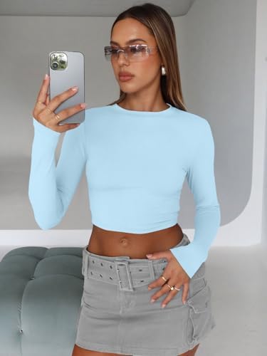 Trendy Queen Womens Long Sleeve Crop Tops Basic Slim Fitted Shirts Fashion 2025 Going Out Y2k Tops Teen Girl Clothes