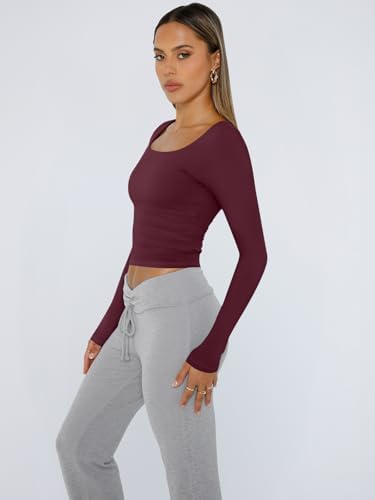 Trendy Queen Womens Long Sleeve Shirts Crop Tops Fall Fashion 2025 Square Neck Going Out Basics Tees Y2k Clothes