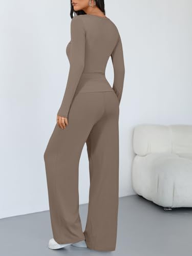 Trendy Queen Women's 2 Piece Matching Lounge Sets Long Sleeve Henley Neck Slightly Crop Top Wide Leg Pants Casual Sweat Suit