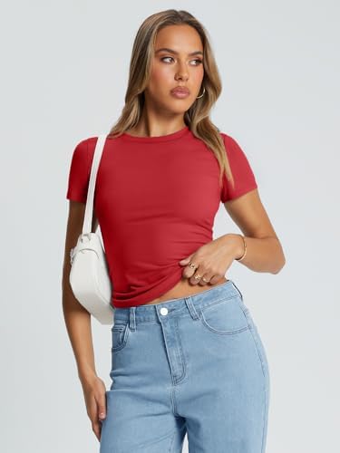 Trendy Queen Womens Basic T Shirts Summer Tops 2025 Crop Short Sleeve Slim Fit Tee Cute Gym Workout Clothes