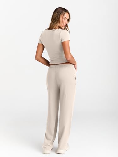 Trendy Queen 2 Piece Matching Summer Sweatsuit Lounge Set Womens Wide Leg Pants Side Ruching Crop Top Sets