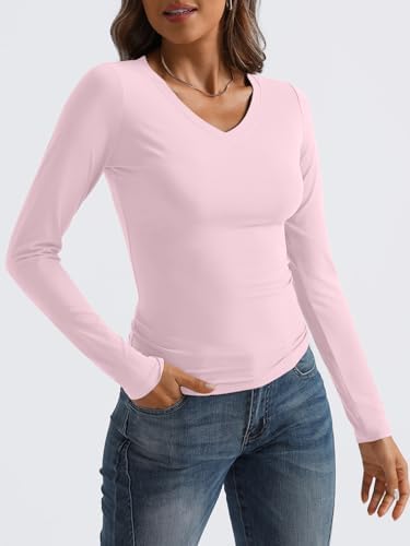 Trendy Queen Long Sleeve Shirts for Women 2025 Fall Fashion V Neck Basics Crop Tops Slim Fitted Y2K Tops Outfits Clothes