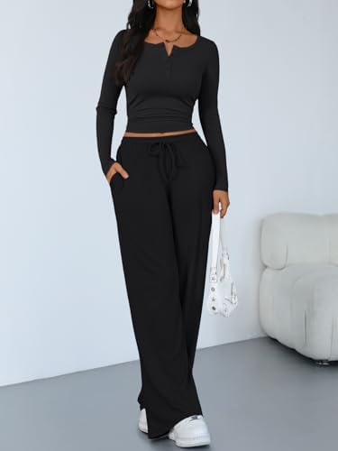 Trendy Queen Women's 2 Piece Matching Lounge Sets Long Sleeve Henley Neck Slightly Crop Top Wide Leg Pants Casual Sweat Suit