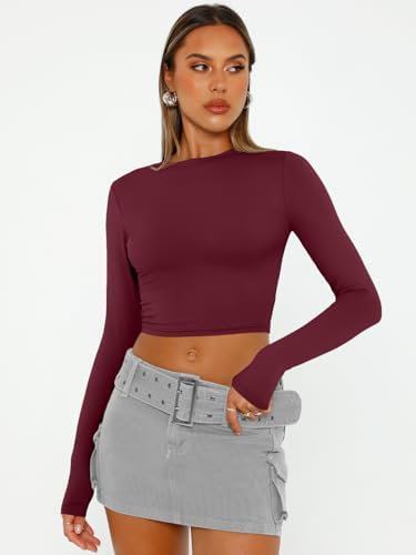 Trendy Queen Womens Long Sleeve Crop Tops Basic Slim Fitted Shirts Fashion 2025 Going Out Y2k Tops Teen Girl Clothes