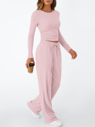 Trendy Queen Women's 2 Piece Matching Lounge Set Long Sleeve Slightly Crop Top Wide Leg Pants Casual Sweatsuit