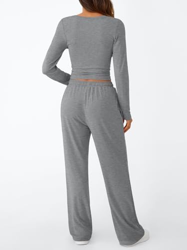 Trendy Queen Women's 2 Piece Matching Lounge Set Long Sleeve Slightly Crop Top Wide Leg Pants Casual Sweatsuit