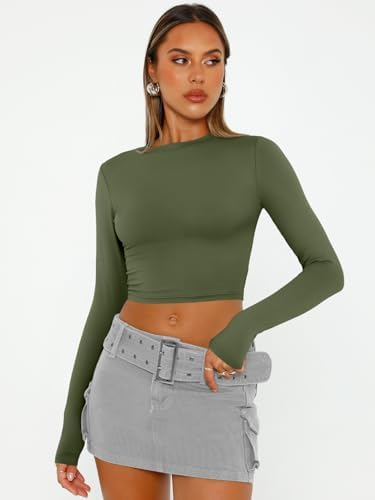 Trendy Queen Womens Long Sleeve Crop Tops Basic Slim Fitted Shirts Fashion 2025 Going Out Y2k Tops Teen Girl Clothes