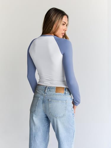 Trendy Queen Women's Long Sleeve Shirts Slim Fit Stretchy Color Block Slightly Cropped Tops