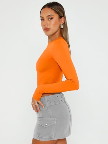Trendy Queen Womens Long Sleeve Crop Tops Basic Slim Fitted Shirts Fashion 2025 Going Out Y2k Tops Teen Girl Clothes