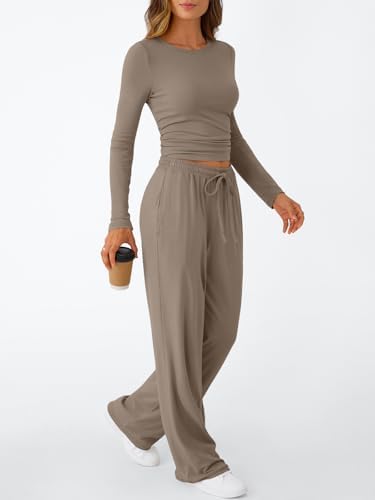 Trendy Queen Women's 2 Piece Matching Lounge Set Long Sleeve Slightly Crop Top Wide Leg Pants Casual Sweatsuit