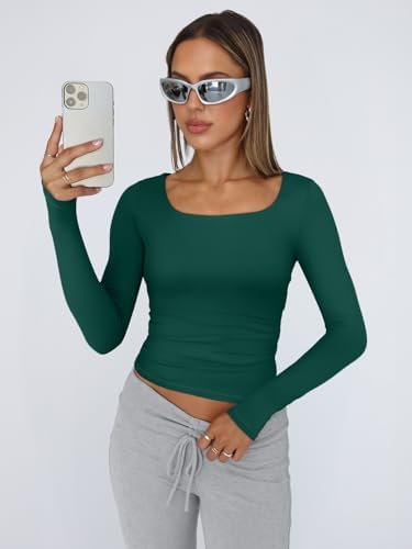 Trendy Queen Womens Long Sleeve Shirts Crop Tops Fall Fashion 2025 Square Neck Going Out Basics Tees Y2k Clothes