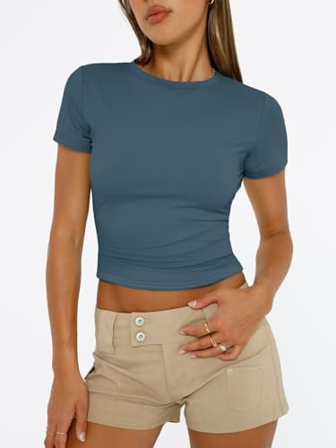 Trendy Queen Womens Short Sleeve T Shirts Summer Crop Tops Basic Slim Fit Gym Workout Y2k Clothes