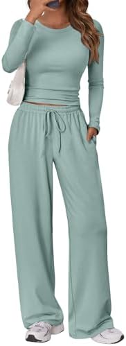 Trendy Queen Women's 2 Piece Matching Lounge Set Long Sleeve Slightly Crop Top Wide Leg Pants Casual Sweatsuit