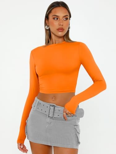 Trendy Queen Womens Long Sleeve Crop Tops Basic Slim Fitted Shirts Fashion 2025 Going Out Y2k Tops Teen Girl Clothes