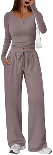 Trendy Queen Women's 2 Piece Matching Lounge Sets Long Sleeve Henley Neck Slightly Crop Top Wide Leg Pants Casual Sweat Suit