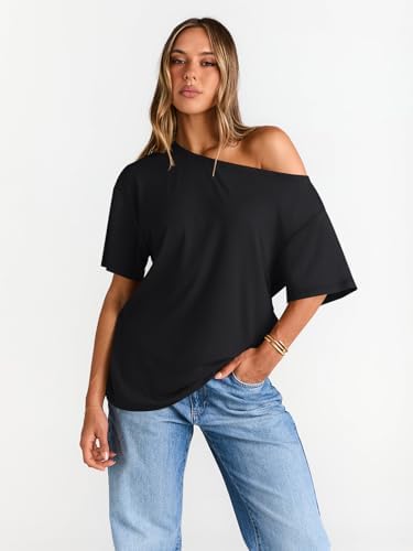 Trendy Queen Womens Off The Shoulder Tops Oversized T-Shirts Short Sleeve Tees Summer 2025 Casual Spring Fashion Clothes
