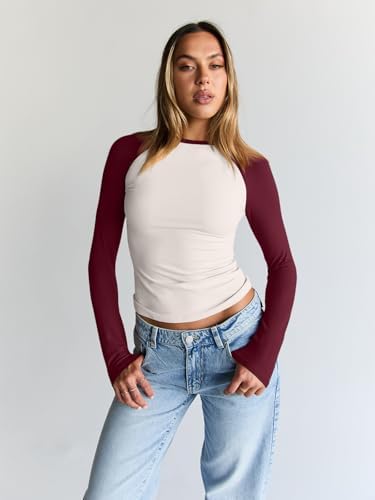 Trendy Queen Women's Long Sleeve Shirts Slim Fit Stretchy Color Block Slightly Cropped Tops