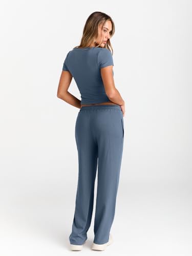 Trendy Queen 2 Piece Matching Summer Sweatsuit Lounge Set Womens Wide Leg Pants Side Ruching Crop Top Sets