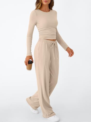 Trendy Queen Women's 2 Piece Matching Lounge Set Long Sleeve Slightly Crop Top Wide Leg Pants Casual Sweatsuit