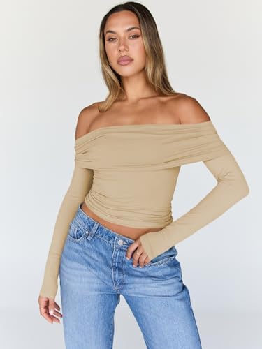 Trendy Queen Women Long Sleeve Shirts Off Shoulder Tops Going Out Crop Sexy Slim Fitted Y2K Fall Outfits 2025 Fashion Clothes