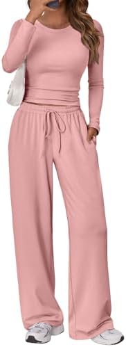 Trendy Queen Women's 2 Piece Matching Lounge Set Long Sleeve Slightly Crop Top Wide Leg Pants Casual Sweatsuit