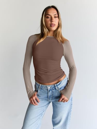 Trendy Queen Women's Long Sleeve Shirts Slim Fit Stretchy Color Block Slightly Cropped Tops