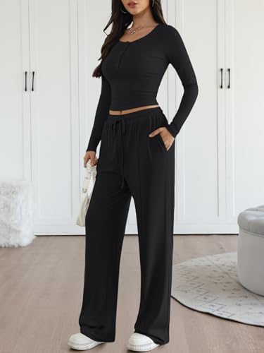 Trendy Queen 2 Piece Matching Lounge Sets for Women Fall Fashion 2025 Two Piece Outfits Henley Crop Tops Wide Leg Pants
