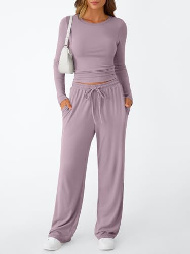 Trendy Queen Women's 2 Piece Matching Lounge Set Long Sleeve Slightly Crop Top Wide Leg Pants Casual Sweatsuit